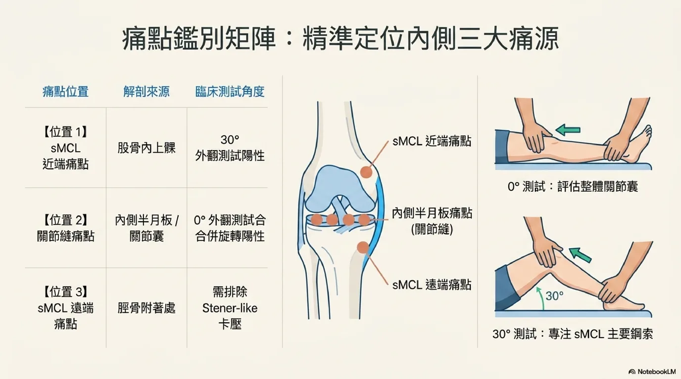 MCL 與內側半月板精準壓痛點鑑別診斷解剖示意圖：sMCL 骨點壓痛 vs 關節線半月板壓痛解剖對比地圖