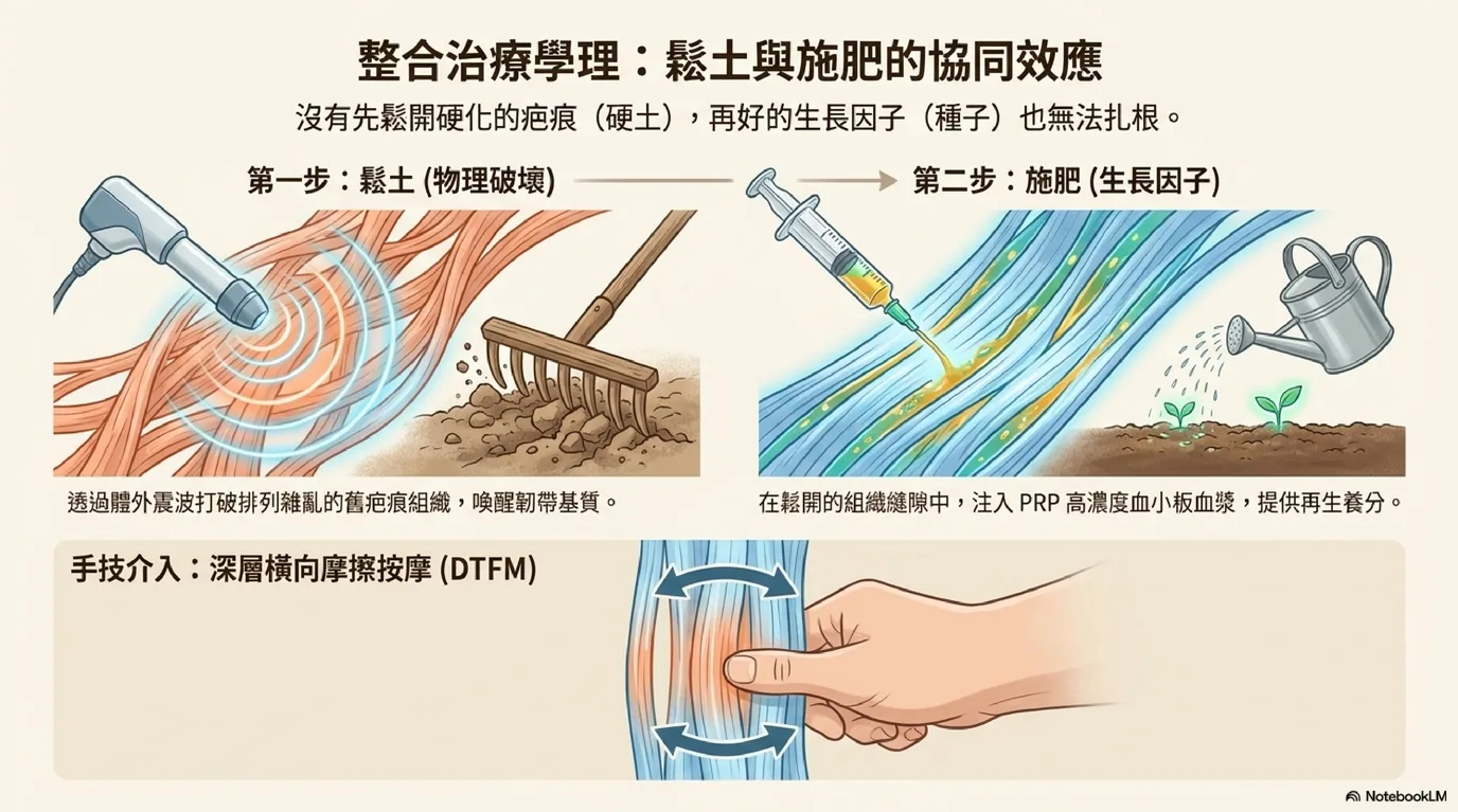 深層橫向摩擦按摩（DTFM）物理治療手法示意圖：治療師指尖橫向摩擦韌帶纖維，促進膠原蛋白定向排列與修復