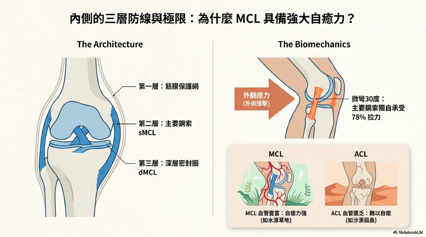 膝關節內側副韌帶三層力學防護示意圖（筋膜層、淺層副韌帶 sMCL、深層副韌帶 dMCL）及其外翻應力防護機制