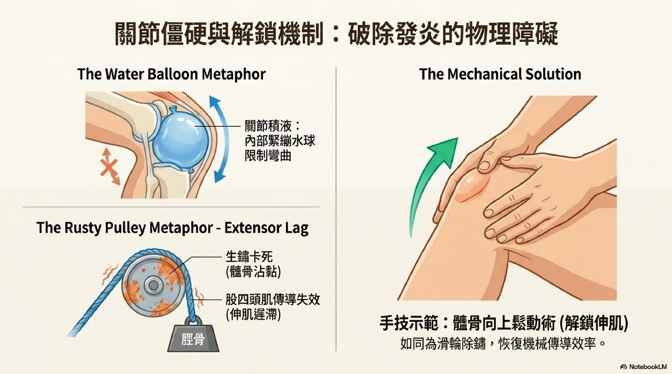 髕骨鬆動術物理治療手法示意圖：手技外力施加方向（上滑、下滑、內側滑動）解鎖伸肌張力，改善膝關節伸展受限