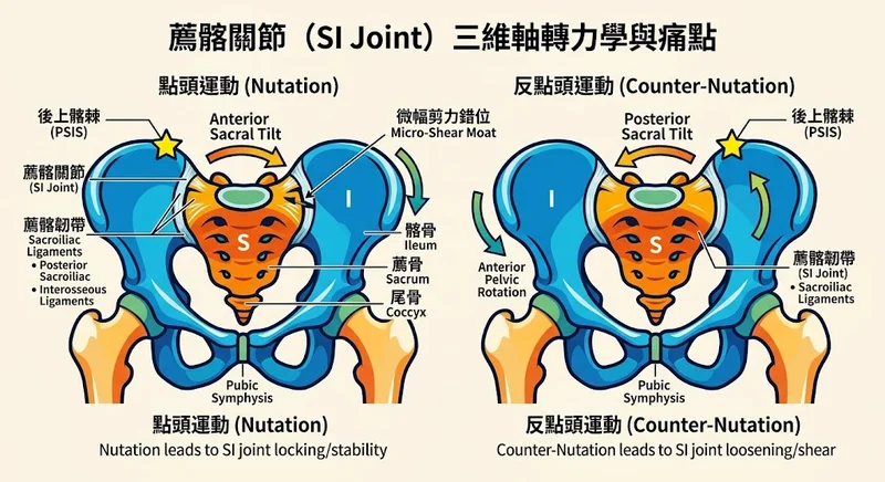 薦髂關節（SI Joint）三維軸轉力學與痛點對照圖
