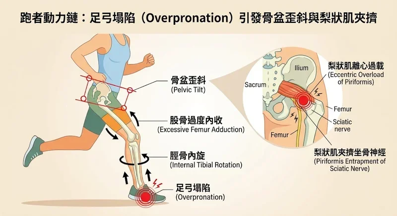 跑者動力鏈足弓塌陷引發骨盆歪斜與梨狀肌夾擠圖