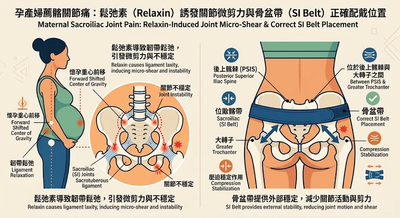 孕產婦鬆弛素誘發薦髂關節微剪力與骨盆帶正確配戴圖