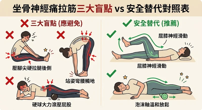 坐骨神經痛拉筋三大盲點與安全替代處方對照圖