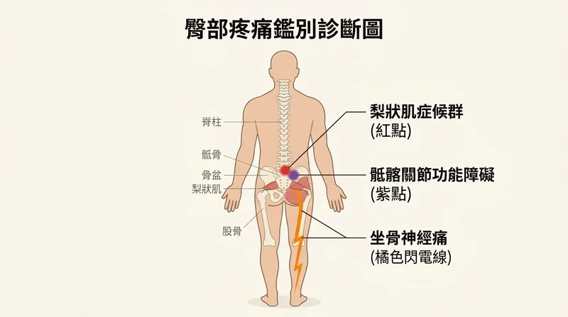 臀部疼痛三大病因痛點與放射範圍對比圖，包含梨狀肌局限壓痛、薦髂關節 Fortin Point 壓痛與腰椎神經皮節放射痛