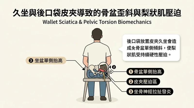久坐與後口袋皮夾導致骨盆單側傾斜與梨狀肌硬性壓迫示意圖