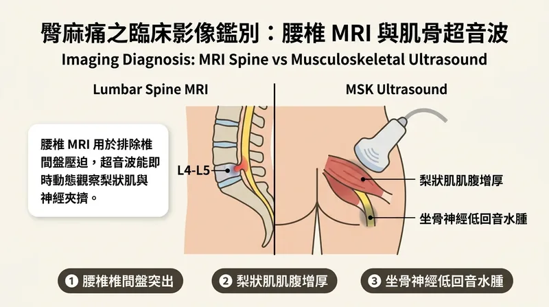 腰椎 MRI 椎間盤壓迫與肌骨超音波動態掃描梨狀肌水腫對照示意圖