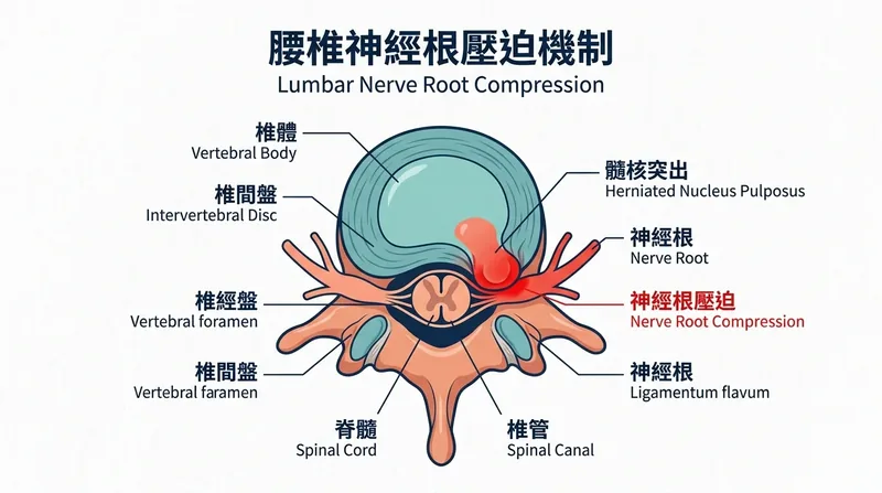 腰椎 L4-L5-S1 椎間盤突出擠壓神經根解剖示意圖