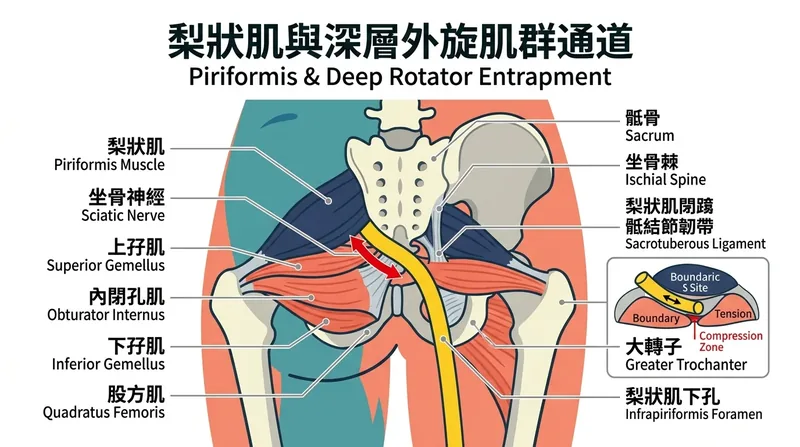 大坐骨孔梨狀肌與深層外旋肌群卡壓坐骨神經解剖示意圖