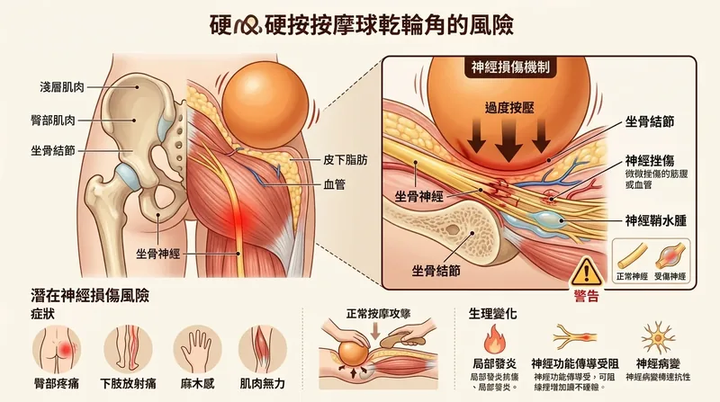 使用網球或按摩球硬壓臀部導致坐骨神經受硬物打擊與發炎水腫示意圖