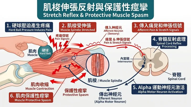 強烈痛覺刺激觸發脊髓 Alpha 神經元與肌梭保護性收縮反射迴路示意圖