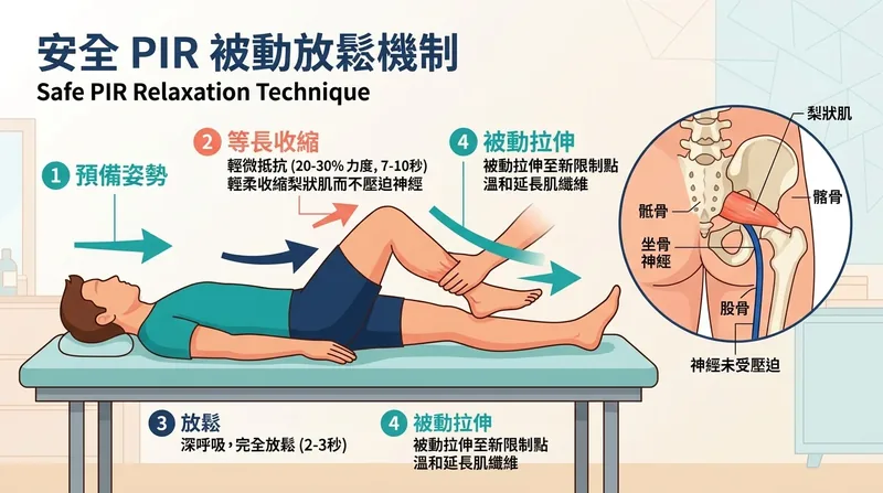 利用 PIR (Post-Isometric Relaxation) 輕微等長收縮安全放鬆梨狀肌動作示意圖