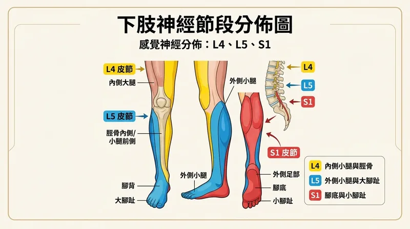 腰椎 L4、L5、S1 神經根皮節 (Dermatome) 體表感覺傳導範圍區域地圖