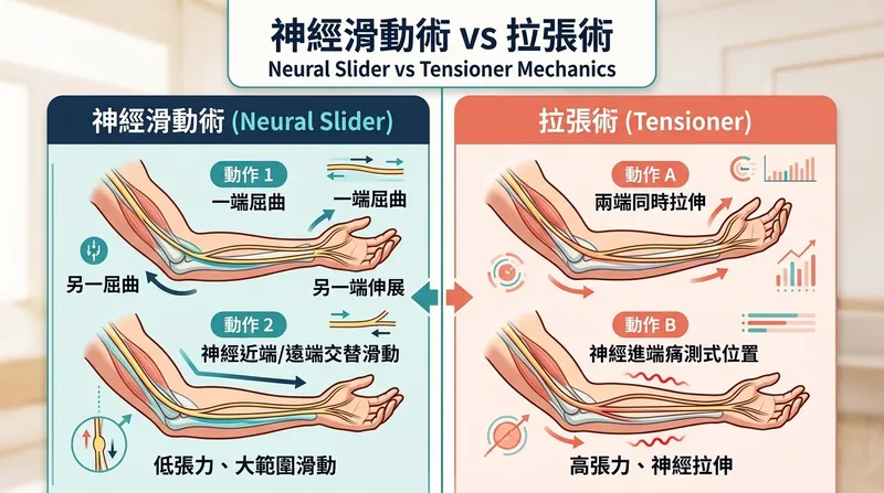 神經滑動術 (Slider) 與神經拉張術 (Tensioner) 生物力學張力與液體流動對比示意圖