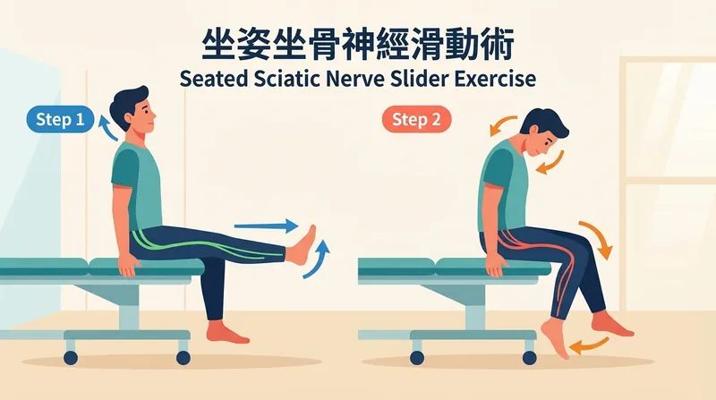 坐姿坐骨神經滑動術 (Seated Sciatic Nerve Slider) 標準動作拆解與動態配合圖