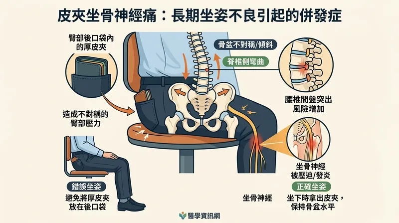 後口袋放置皮夾久坐引發骨盆單側抬高 15 度與坐骨神經直接壓迫示意圖