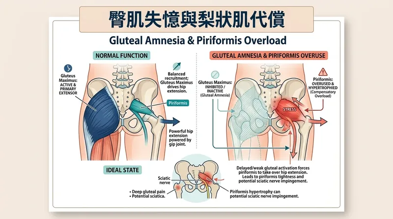 久坐導致臀大肌休眠失憶與梨狀肌代償離心過載發炎機制示意圖