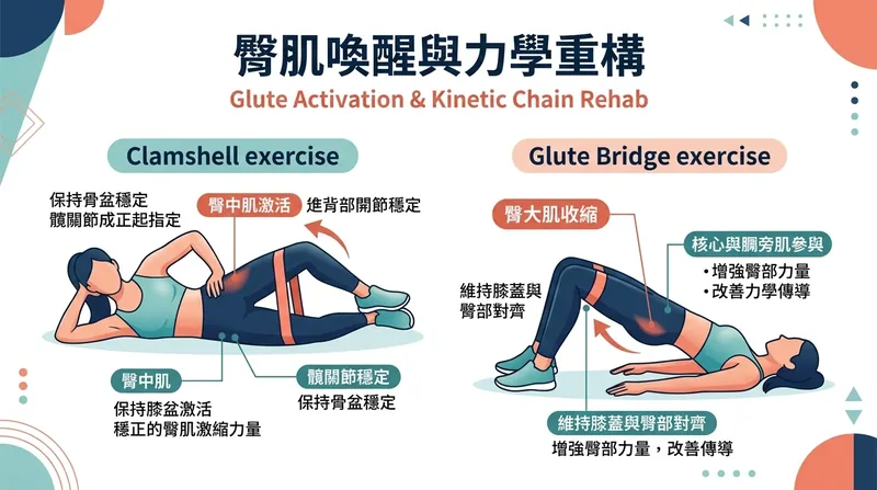 側臥蚌殼式與臀橋重新激活臀大肌與臀中肌動作示意圖