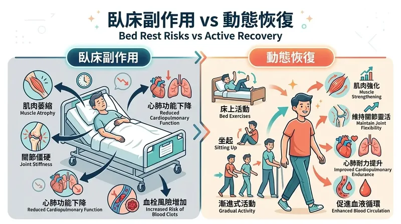 絕對臥床導致肌肉萎縮與神經微循環下降 vs 早期動態恢復對比示意圖