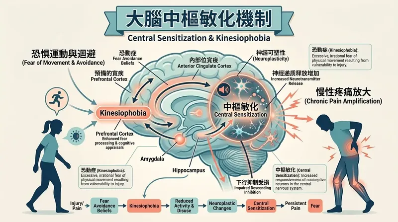 恐懼活動 (Kinesiophobia) 引發大腦中樞敏化與疼痛訊號放大迴路示意圖