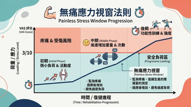 無痛應力視窗 (Painless Stress Window) 活動度與組織漸進修復曲線示意圖