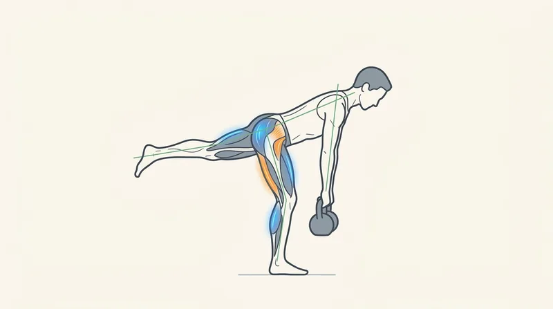 Phase 3 功能重構期單腳羅馬尼亞硬舉 (Single-Leg RDL) 與動力鏈穩定訓練示意圖