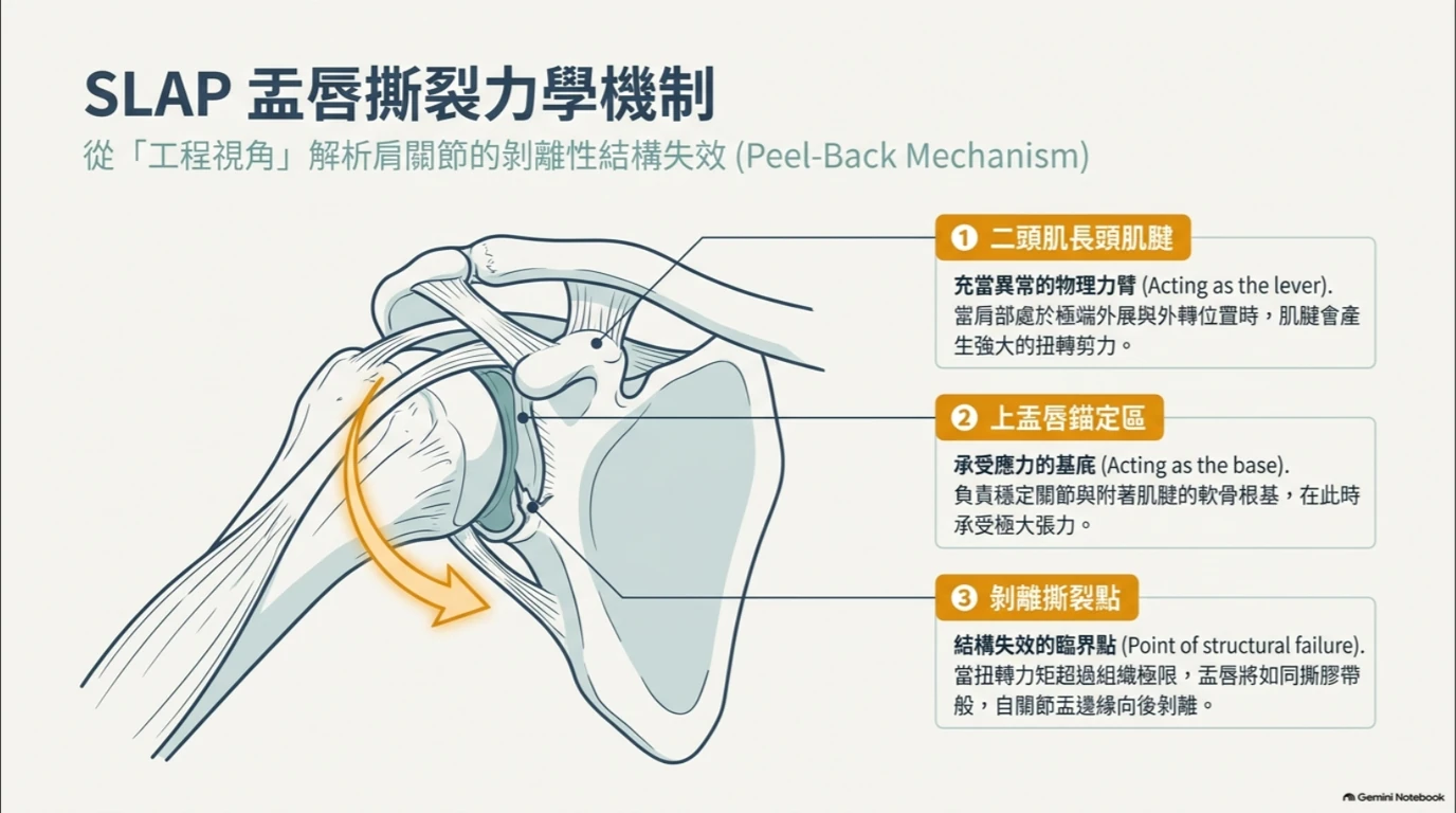 臨床衛教示意圖:SLAP 盂唇撕裂力學機制,肩關節盂唇宛如氣密吸盤墊圈,當二頭肌長頭肌腱遭受 Peel-Back 扭力拉扯時,上盂唇軟...