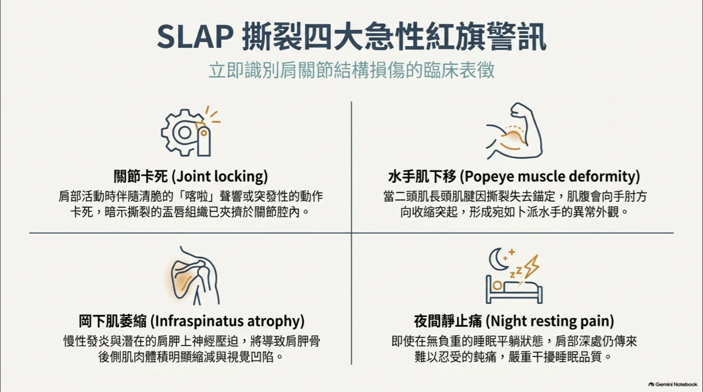 臨床衛教示意圖:SLAP 撕裂四大急性紅旗警訊,出現關節卡死、二頭肌肌腹隆起下移、岡下肌萎縮或夜間靜止痛等紅旗症狀時,提示嚴重病變需及...