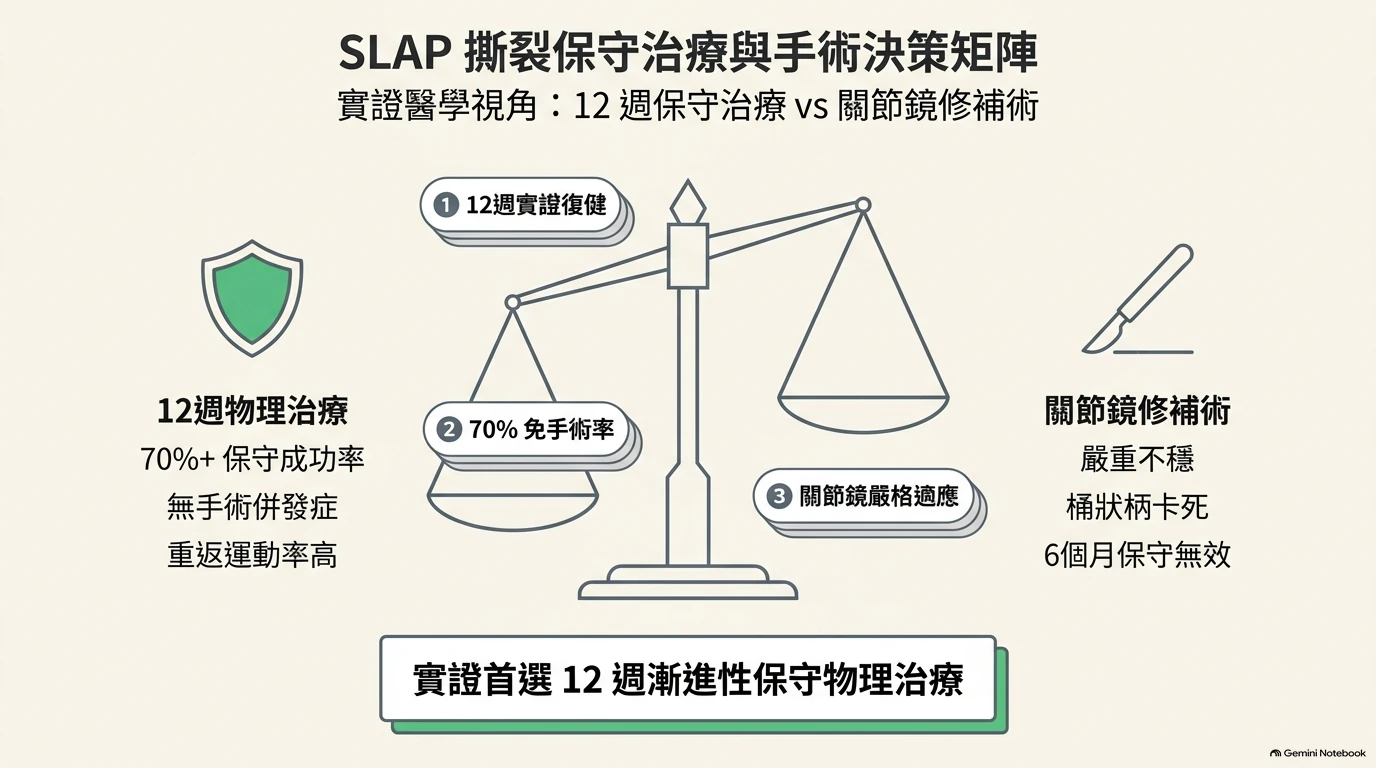 臨床衛教示意圖:SLAP 撕裂保守治療與手術決策矩陣,實證解析 SLAP 迷思、70%+ 保守治療成功率與手術風險決策矩陣。