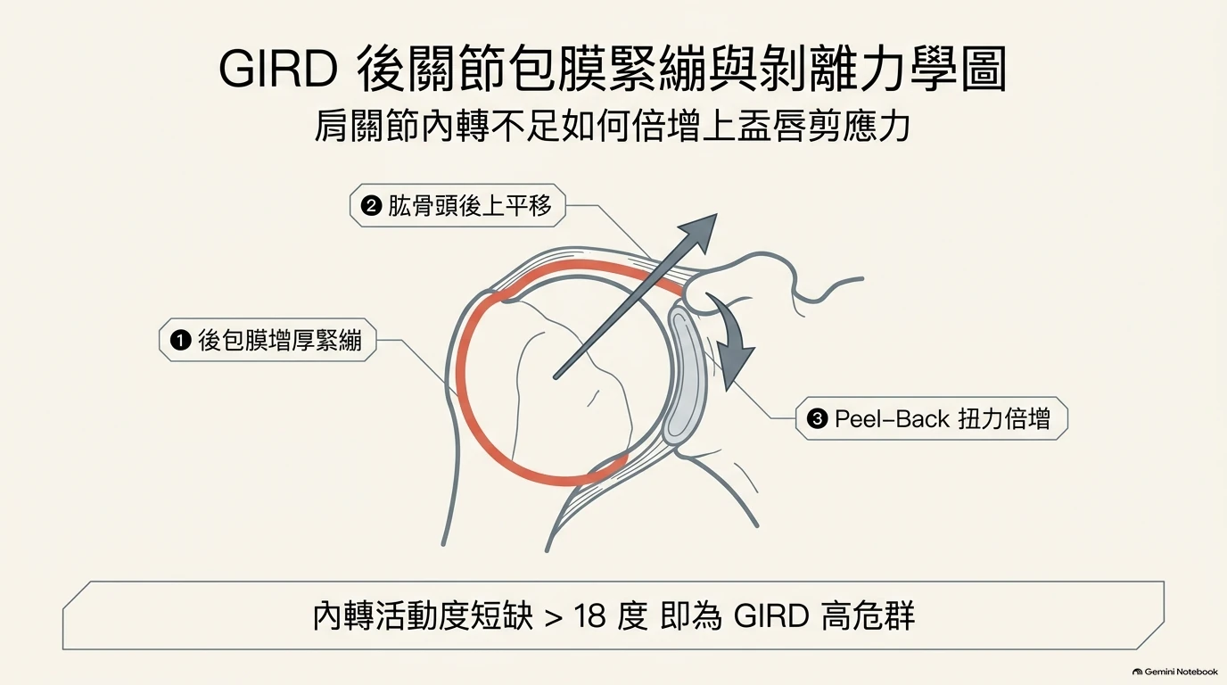 臨床衛教示意圖：GIRD 後關節包膜緊繃與剝離力學圖，後關節囊緊繃導致肱骨頭後上平移，進一步放大過頭運動中二頭肌長頭肌腱的 Peel-...