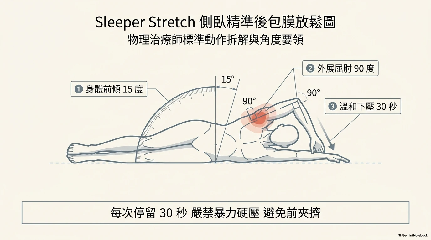 臨床衛教示意圖：Sleeper Stretch 側臥精準後包膜放鬆圖，側臥身體前傾 15 度、外展 90 度折肘，對側手溫和推壓前臂，...