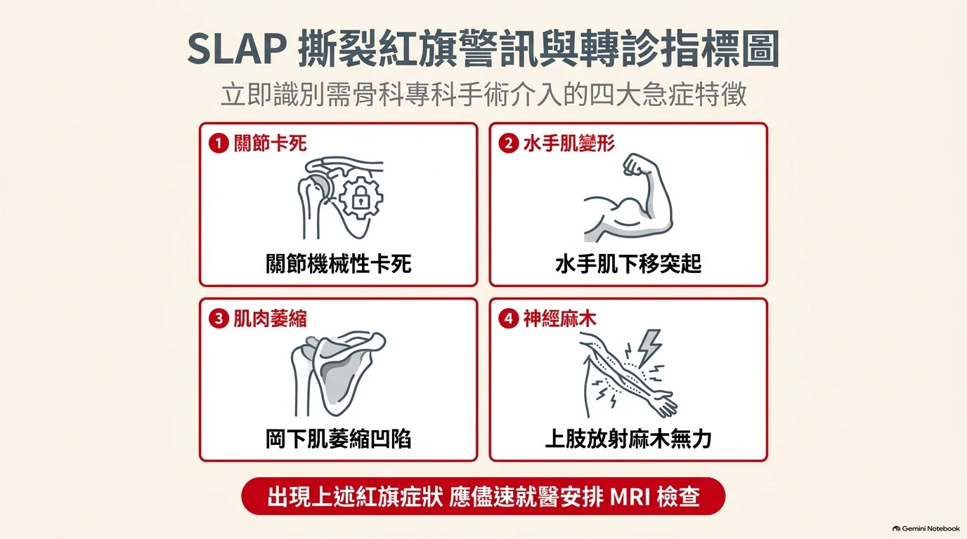 臨床衛教示意圖：SLAP 撕裂紅旗警訊與轉診指標圖，出現關節卡死、神經麻木或二頭肌肌腹隆起下移等紅旗症狀時，提示嚴重病變需及時轉診專科評估。