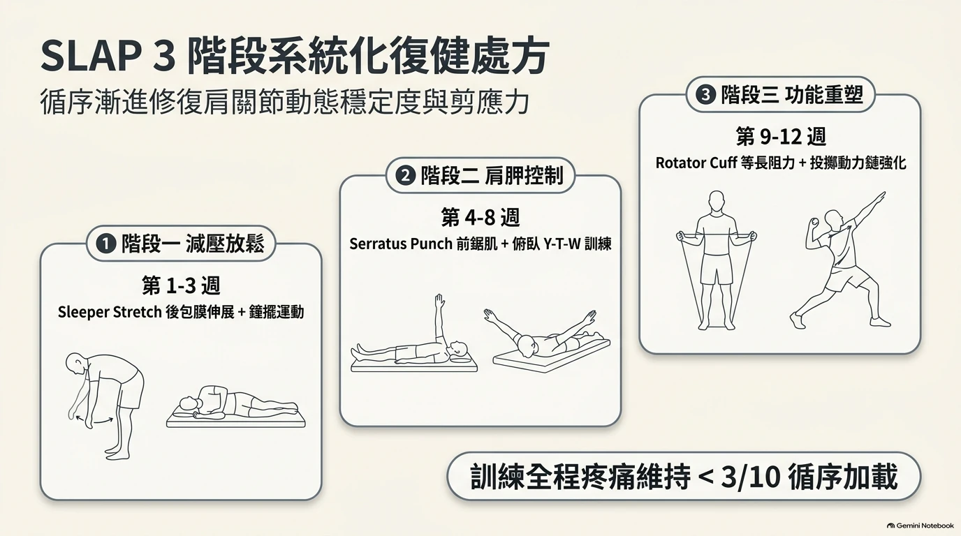 臨床衛教示意圖：SLAP 撕裂 3 階段系統化復健運動處方，從第一階段關節減壓放鬆，到第二、三階段肩胛骨與旋轉肌袖動態強化，循序漸進修...
