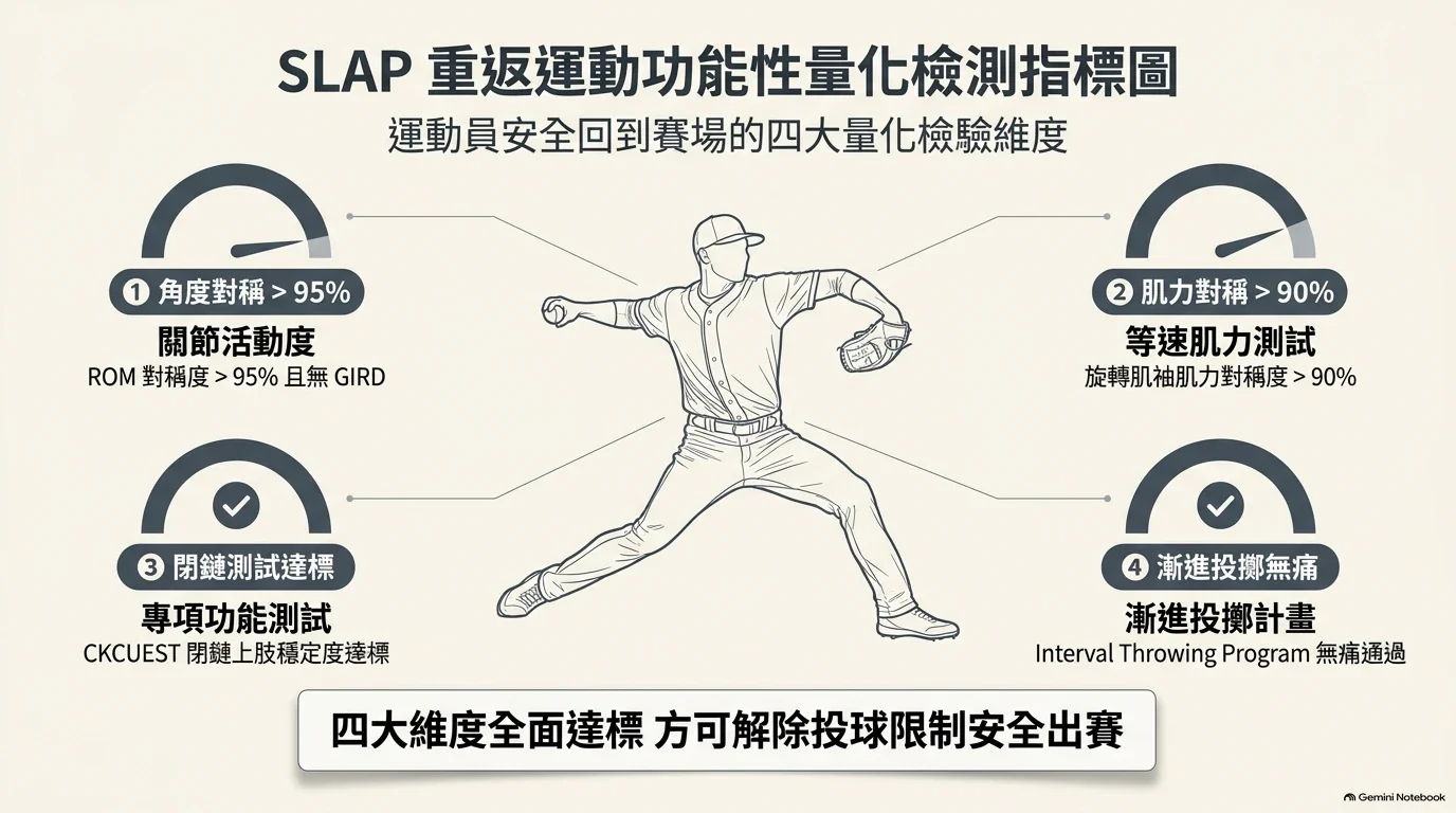 臨床衛教示意圖:SLAP 重返運動功能性量化檢測指標圖,包含痛點消失、GIRD 旋轉活動度對稱與旋轉肌群力矩測試,建立運動員安全重返賽...