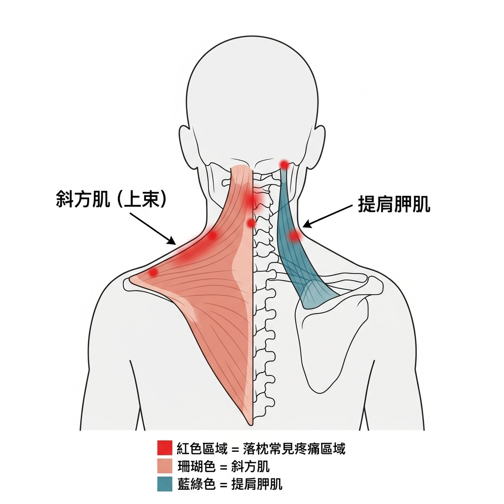 落枕解剖示意圖：斜方肌（上束）與提肩胛肌的位置，以及落枕常見疼痛區域
