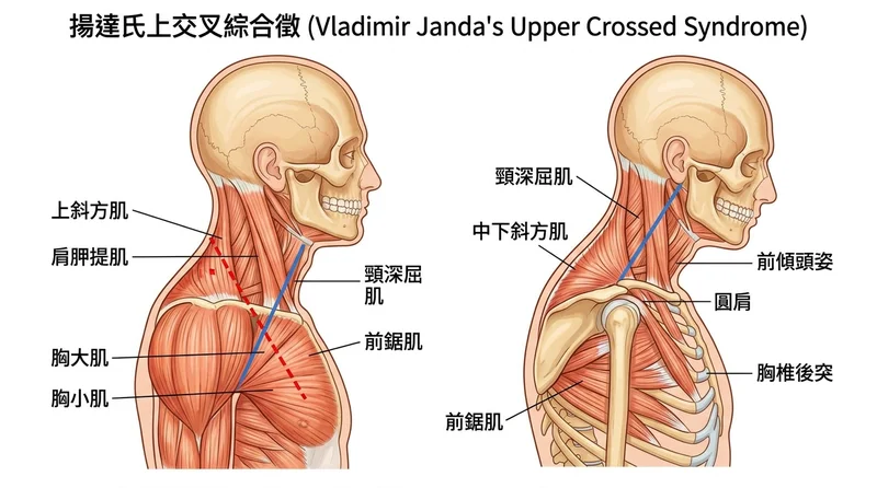 Janda 上交叉症候群 X 形力學失衡機制圖