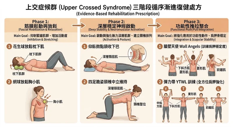 上交叉症候群三階段實證復健處方階梯圖