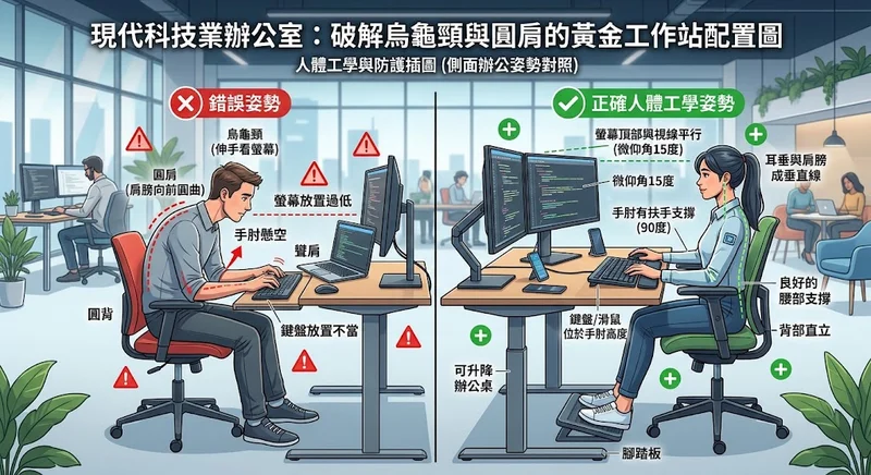現代科技業辦公室人體工學工作站配置對比圖